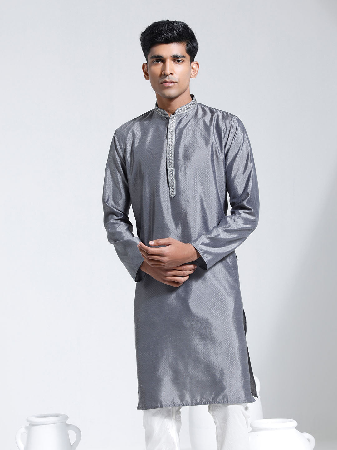 Men's Gray Silk Blend Kurta