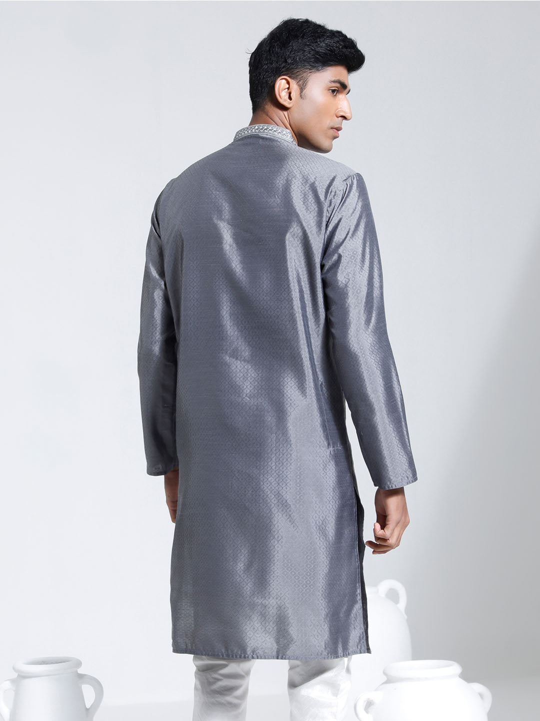 Men's Gray Silk Blend Kurta