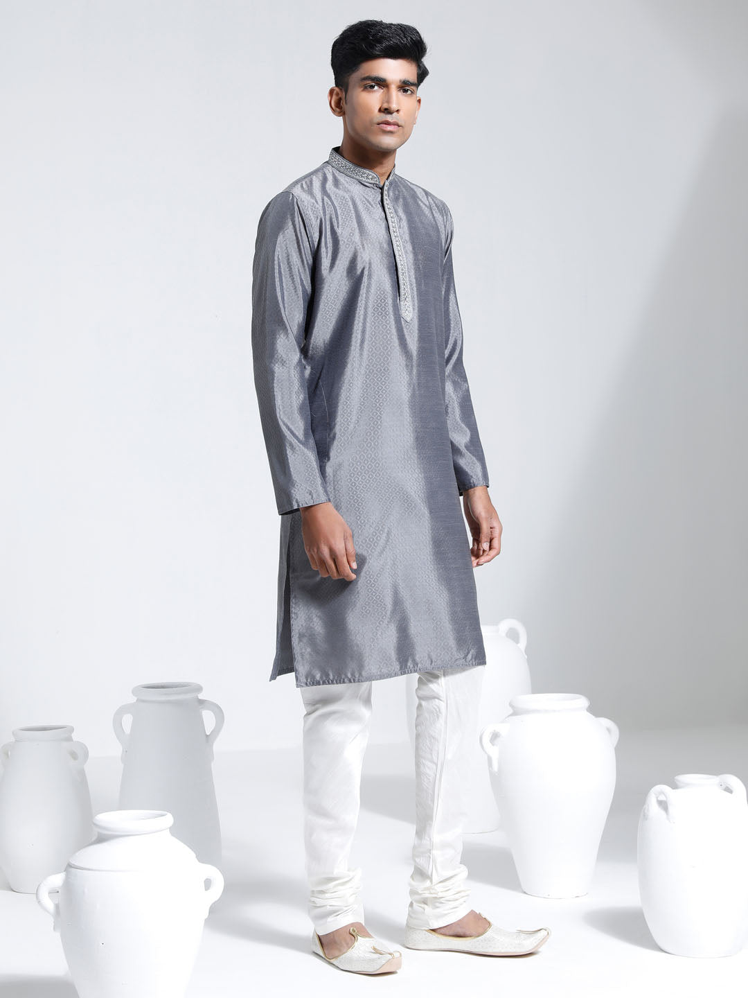 Men's Gray And Cream Silk Blend Kurta Pyjama Set