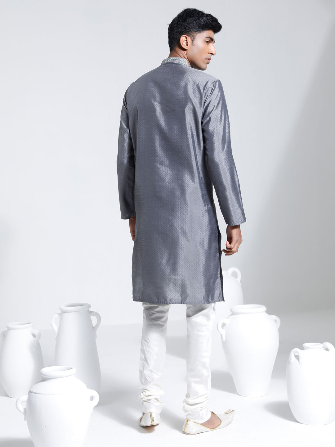 Men's Gray And Cream Silk Blend Kurta Pyjama Set