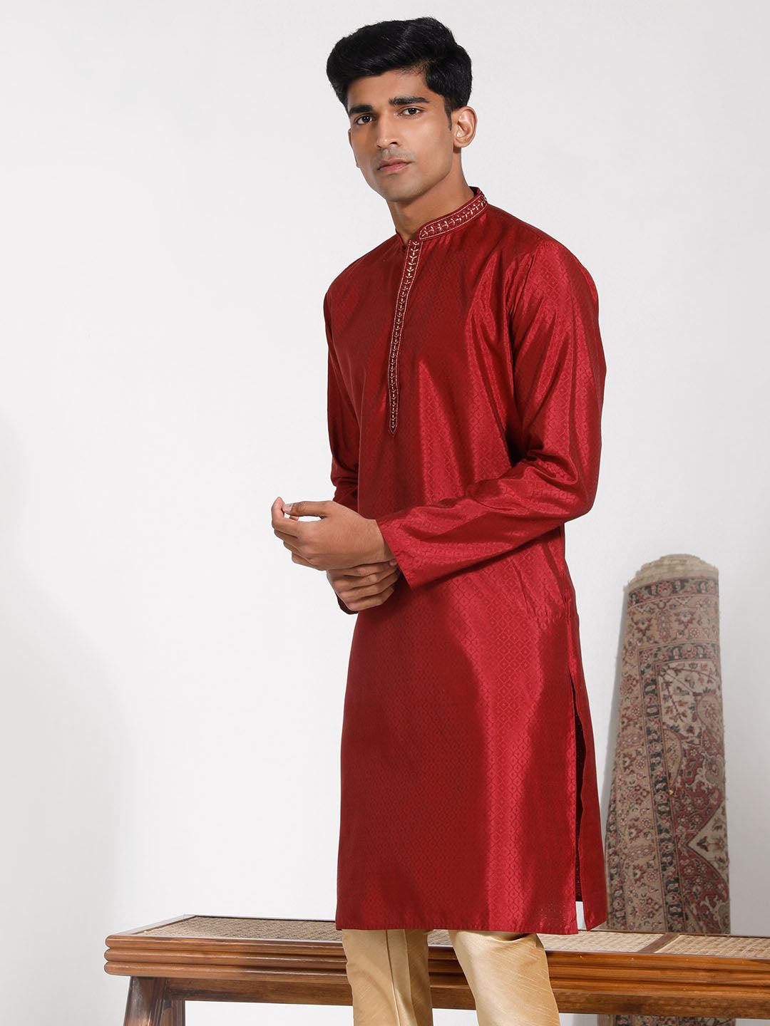 Men's Maroon Silk Blend Kurta