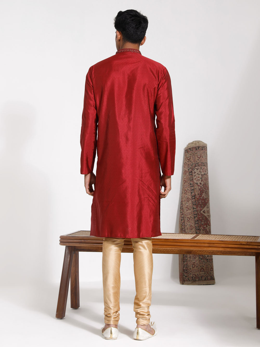 Men's Maroon And Cream Silk Blend Kurta Pyjama Set