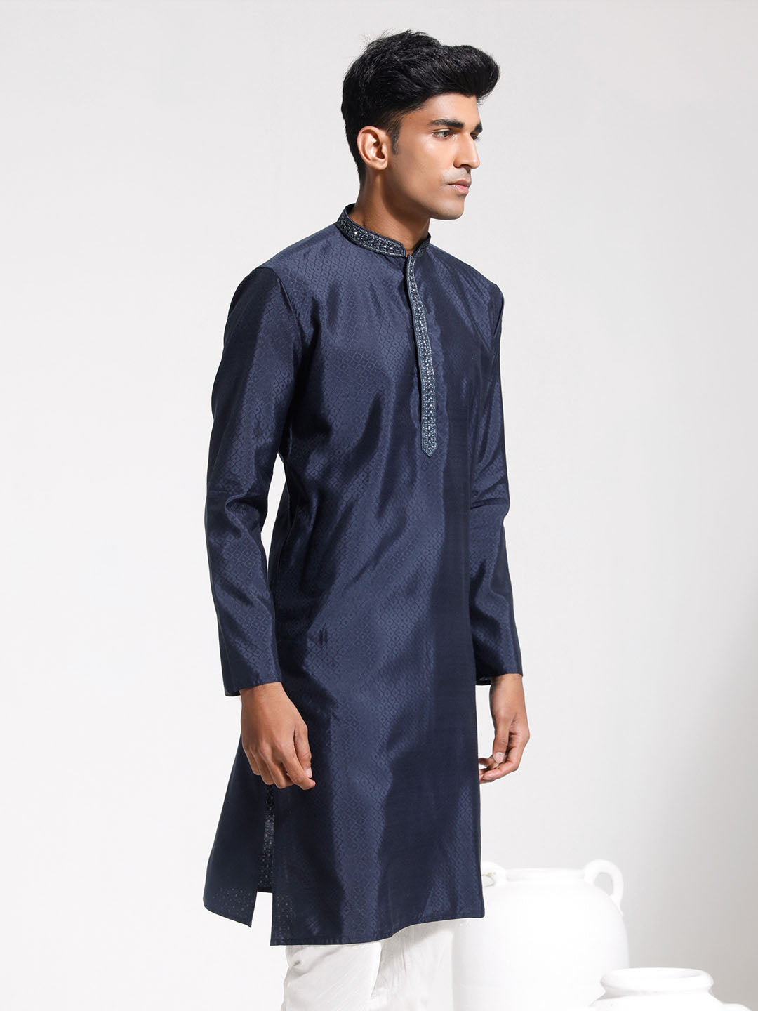 Men's Navy Blue Silk Blend Kurta