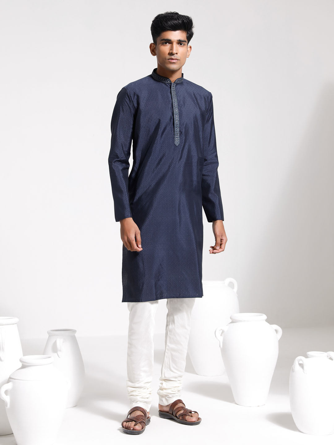 Men's Navy Blue And Cream Silk Blend Kurta Pyjama Set