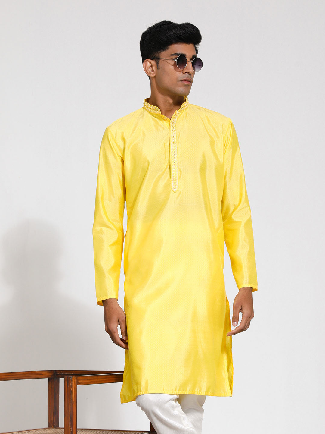 Men's Yellow Silk Blend Kurta