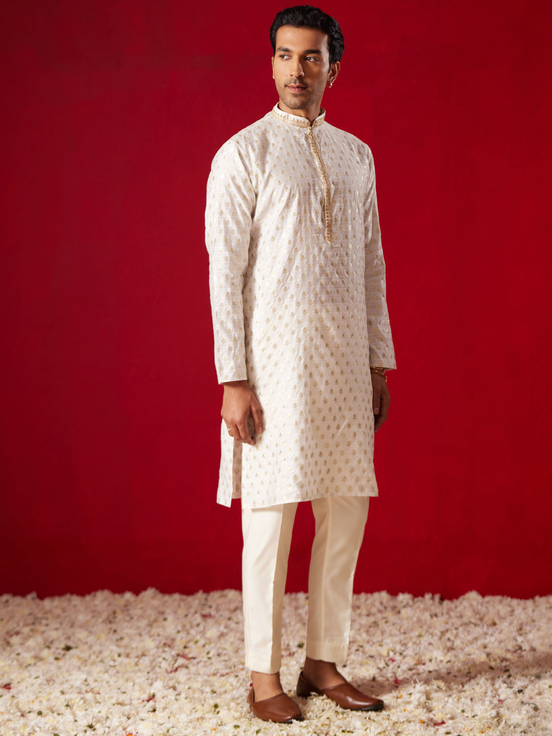 Men's Cream Silk Blend Kurta Pyjama Set