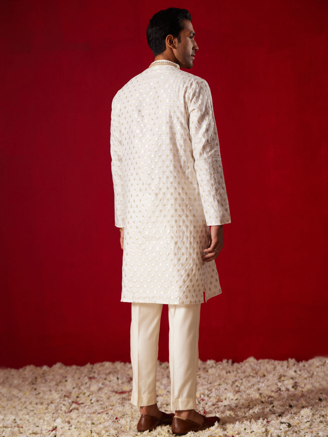 Men's Cream Silk Blend Kurta Pyjama Set