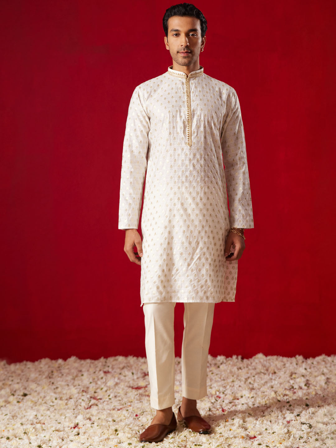 Men's Cream Silk Blend Kurta Pyjama Set