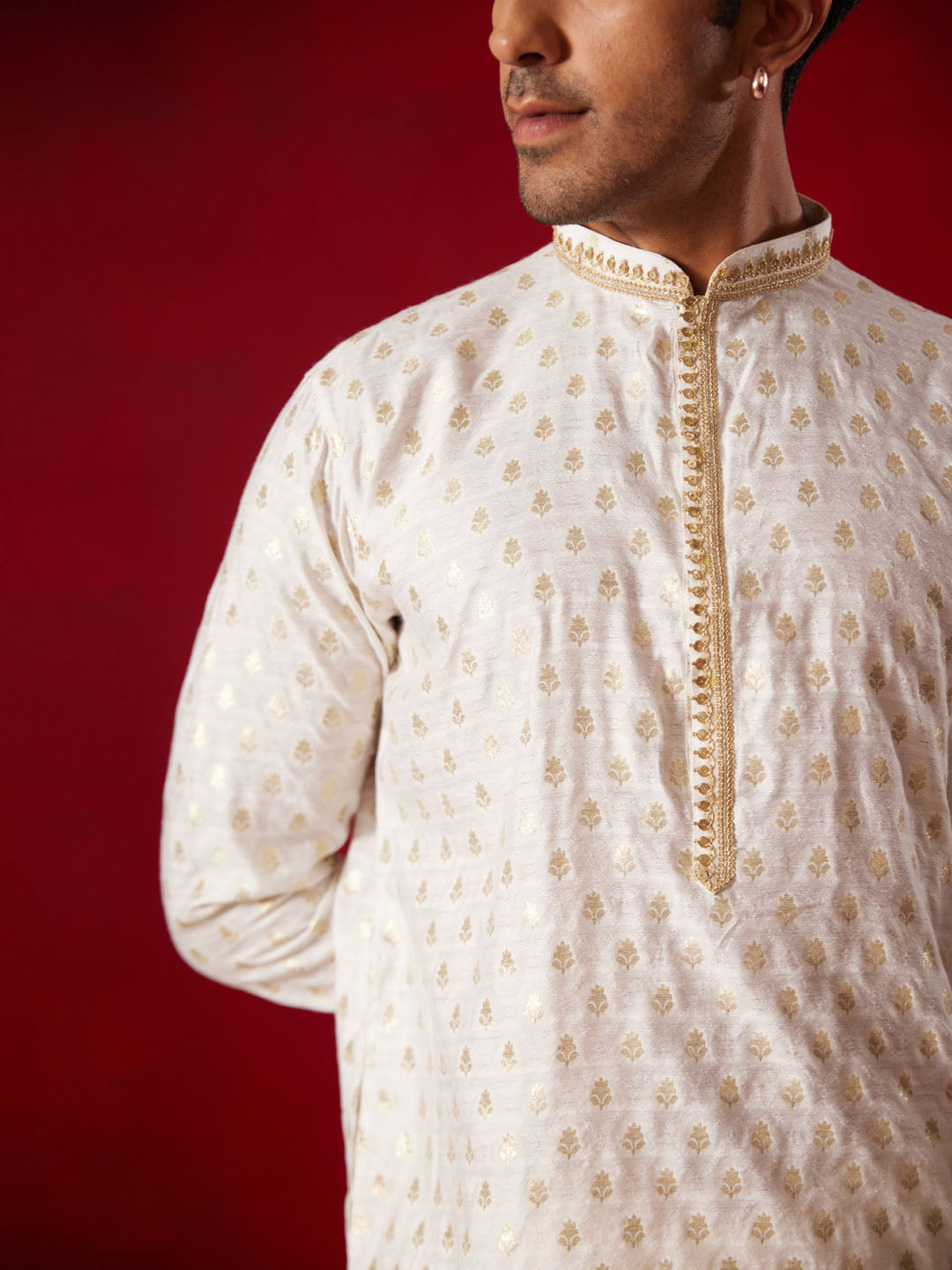 Men's Cream Silk Blend Kurta Pyjama Set