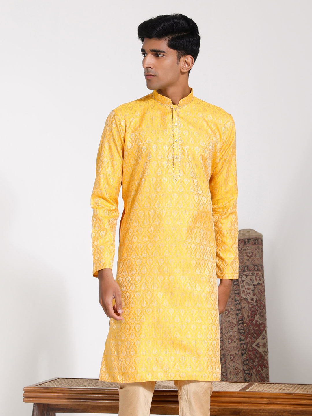 Men's Yellow Silk Blend Kurta