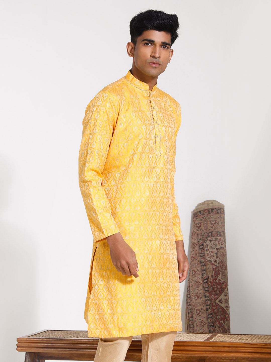 Men's Yellow Silk Blend Kurta