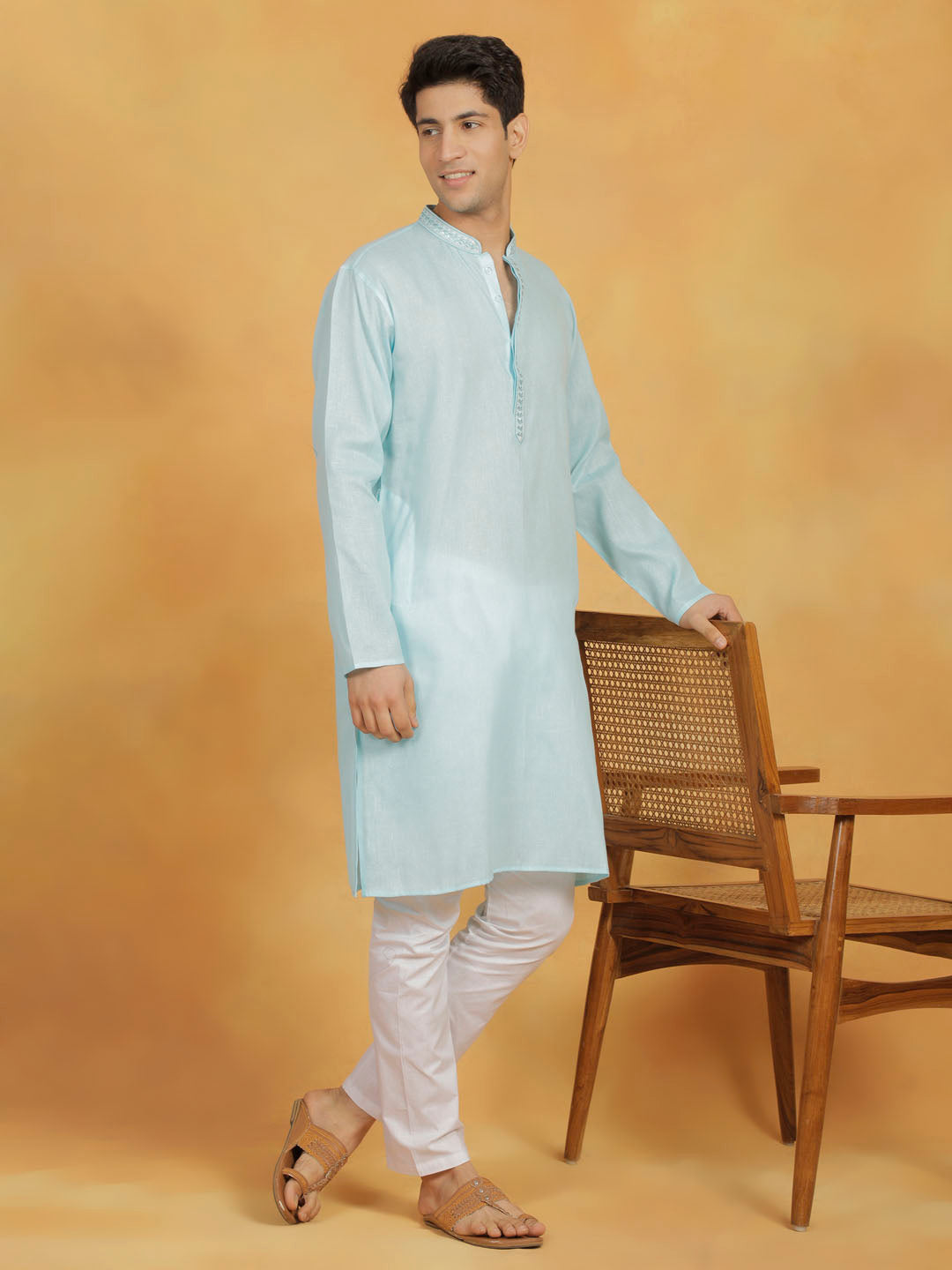 Men's Aqua And White Cotton Kurta Pyjama Set