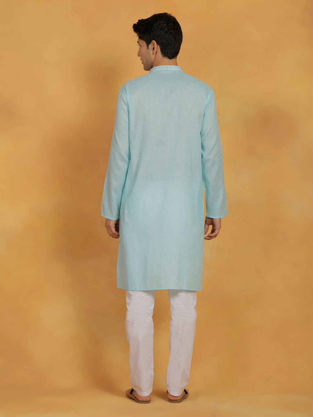 Men's Aqua And White Cotton Kurta Pyjama Set