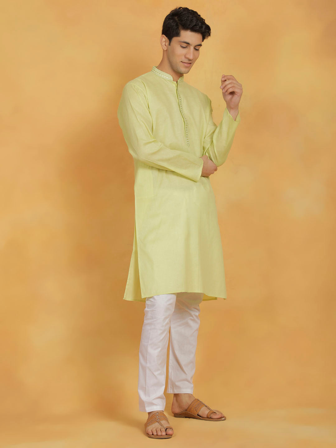 Men's Mint Green And White Cotton Kurta Pyjama Set