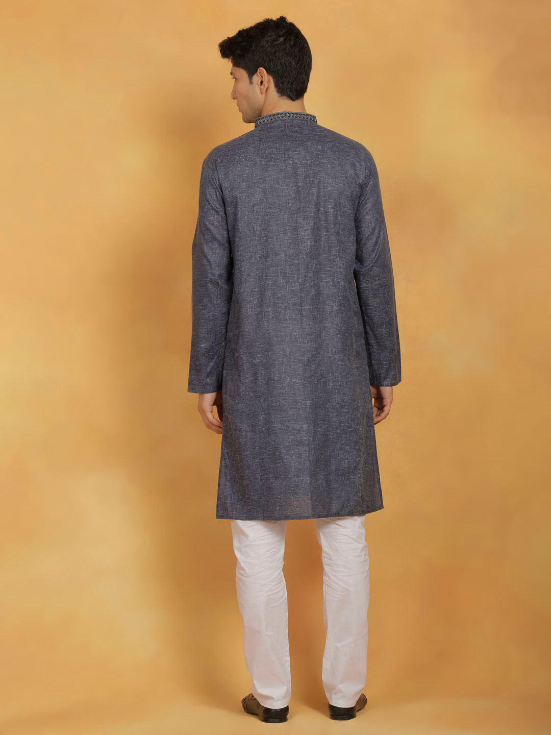 Men's Navy Blue And White Cotton Kurta Pyjama Set