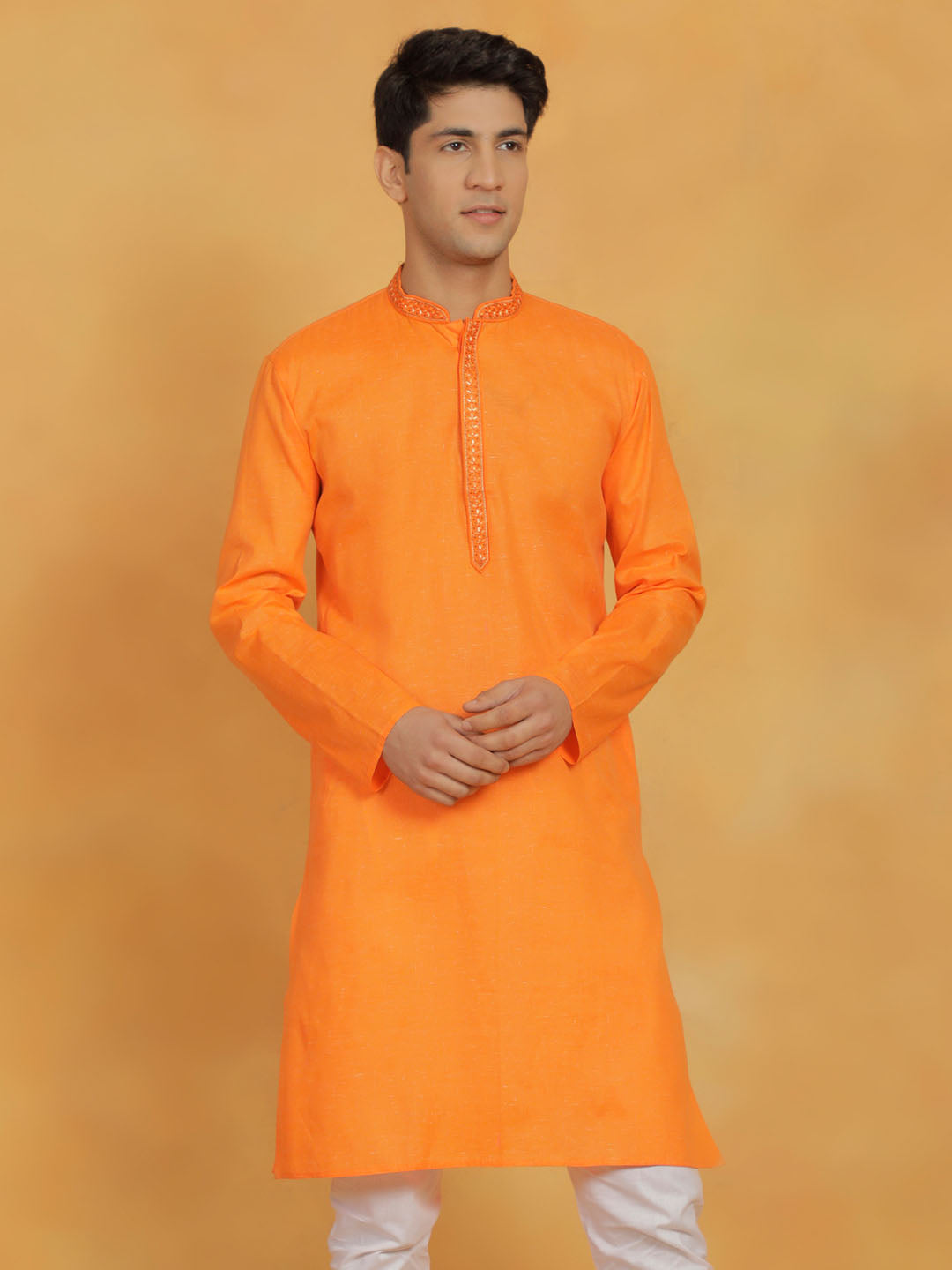 Men's Orange Cotton Kurta