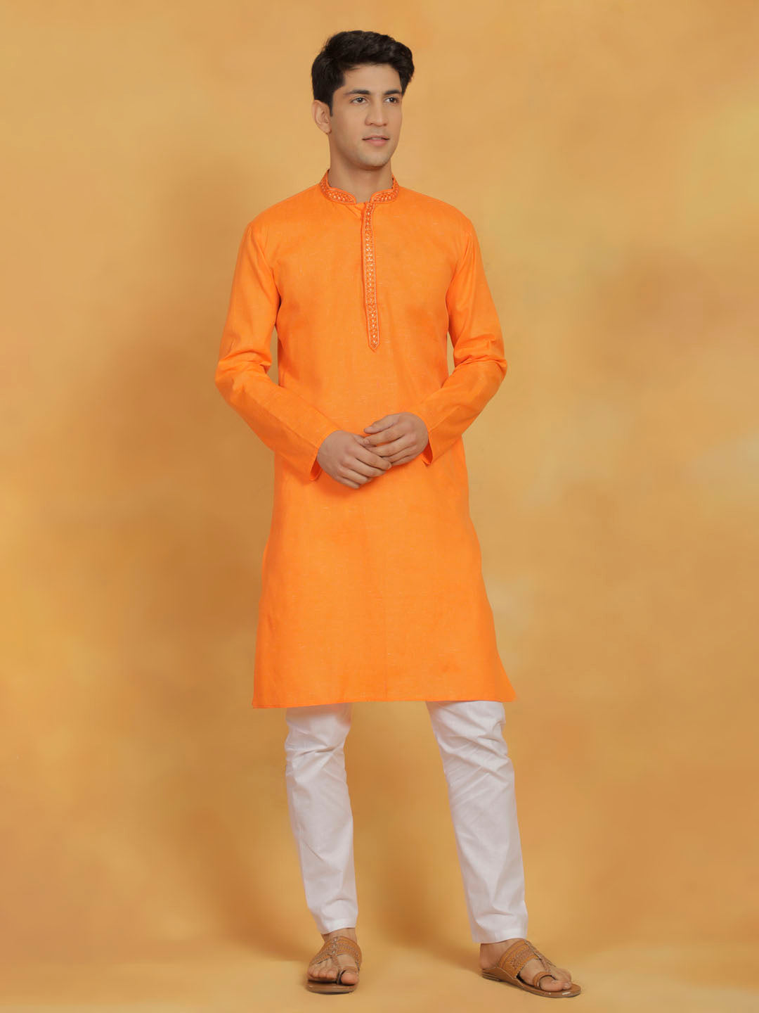 Men's Orange Cotton Kurta