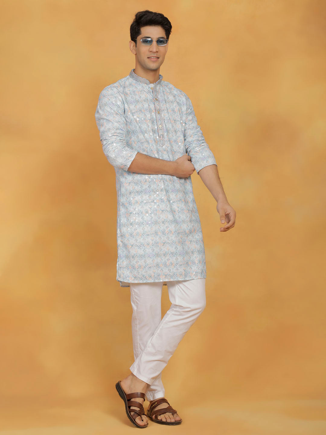 Men's Aqua Cotton Blend Kurta