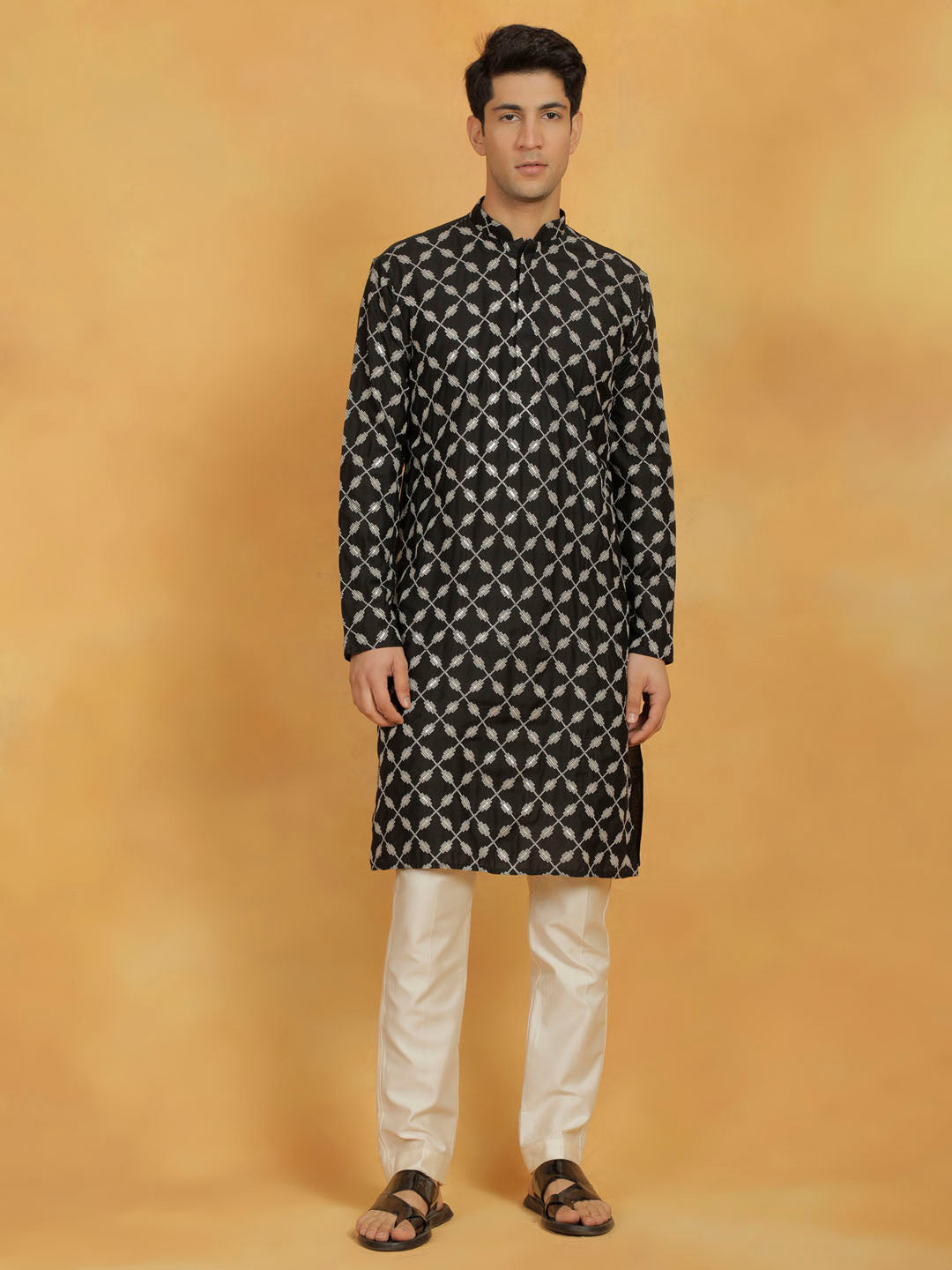 Men's Black And Cream Cotton Blend Kurta And Pyjama Set