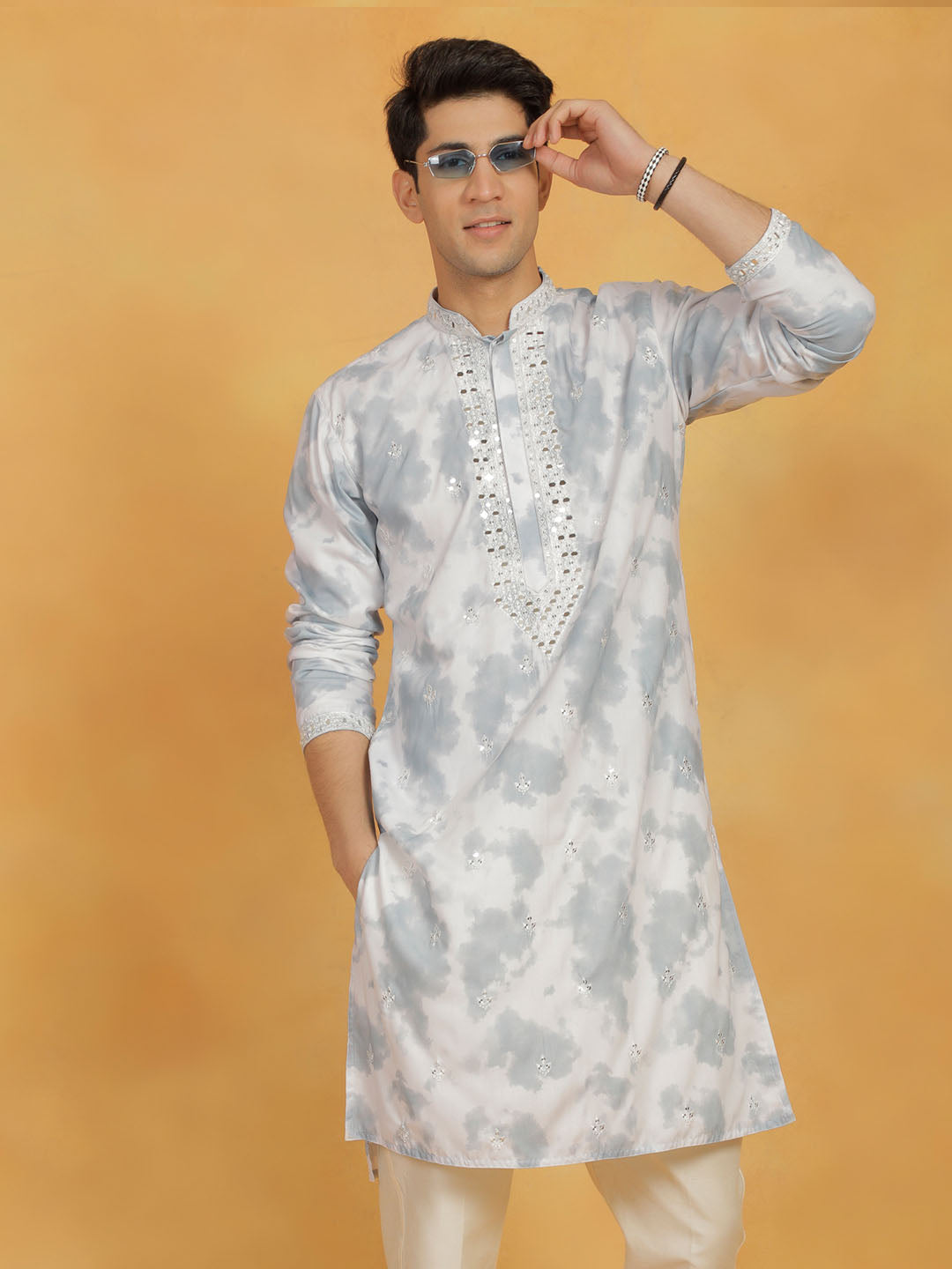 Men's Gray Cotton Blend Kurta