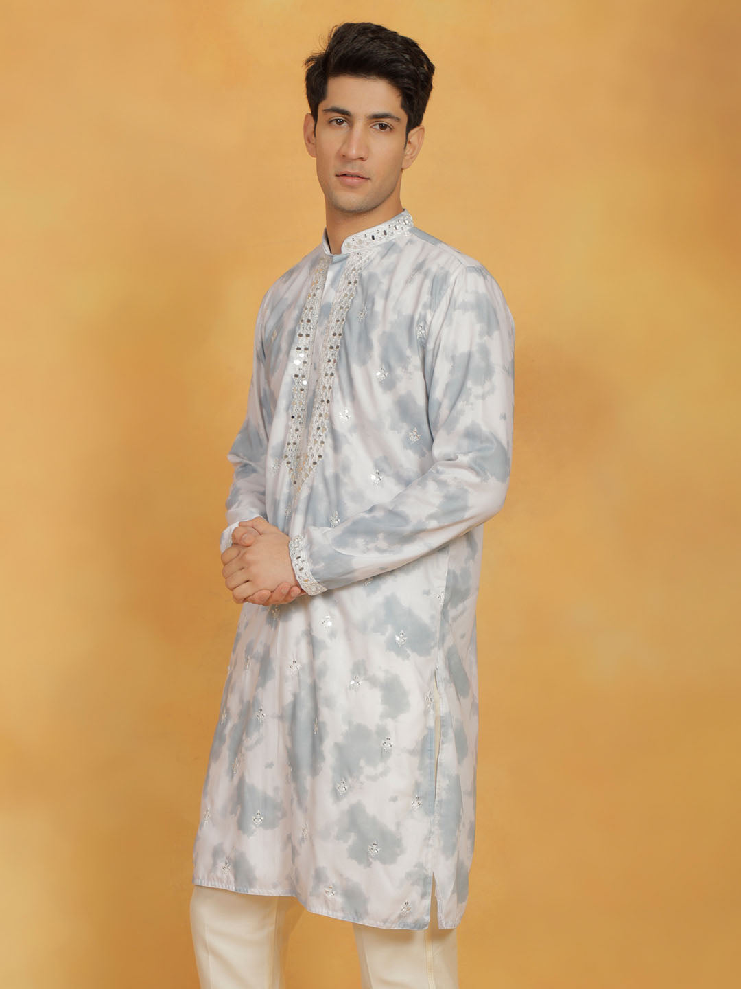 Men's Gray Cotton Blend Kurta