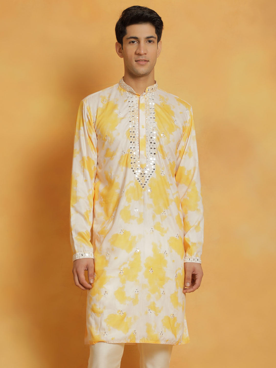 Men's Yellow Cotton Blend Kurta