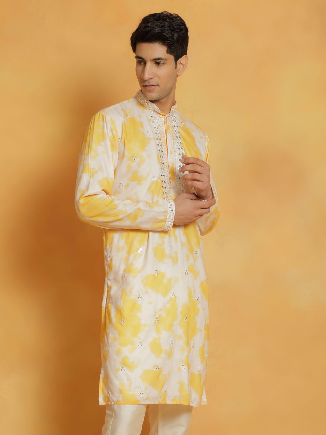 Men's Yellow Cotton Blend Kurta