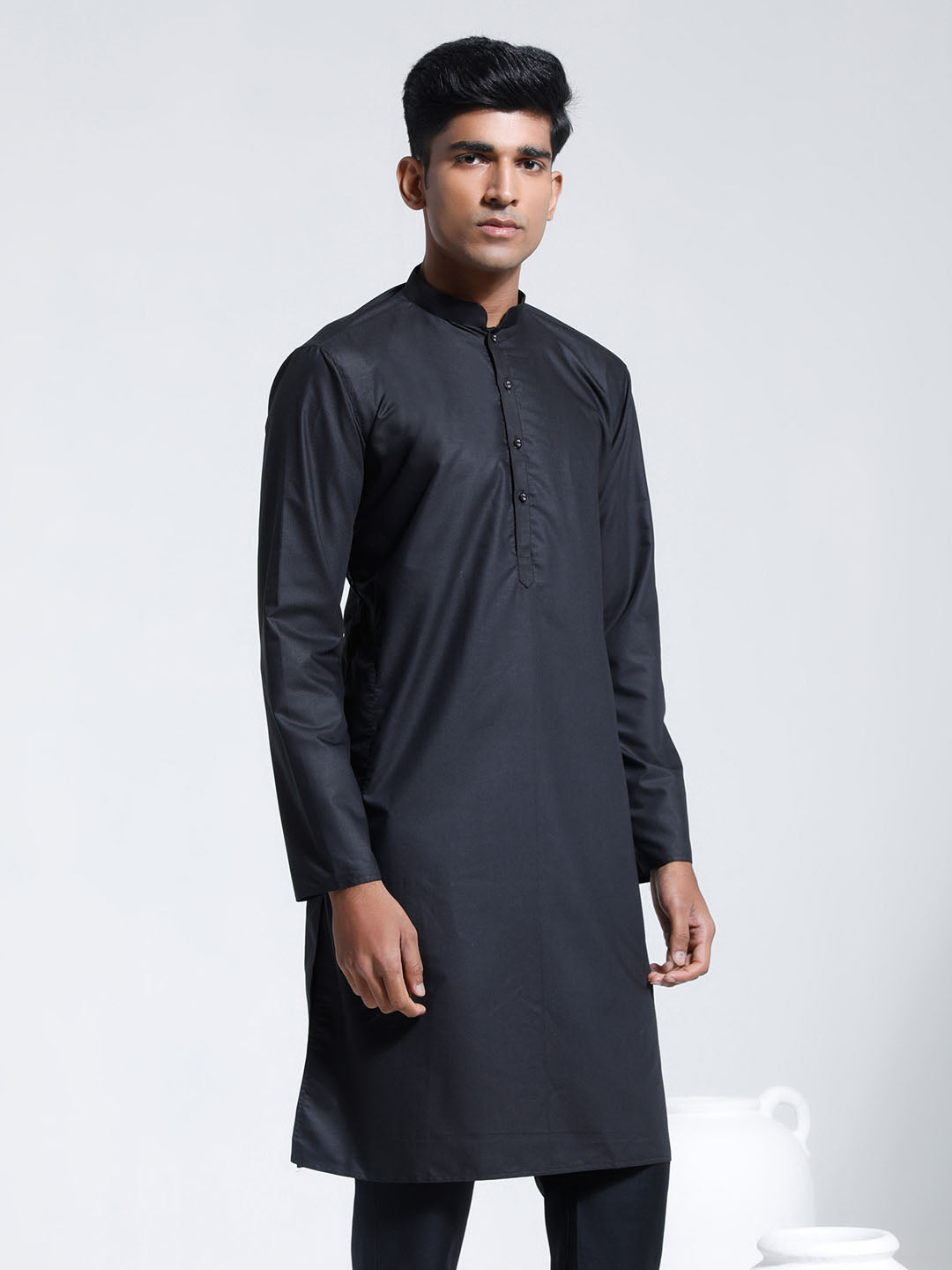 Men's Black Cotton Silk Kurta