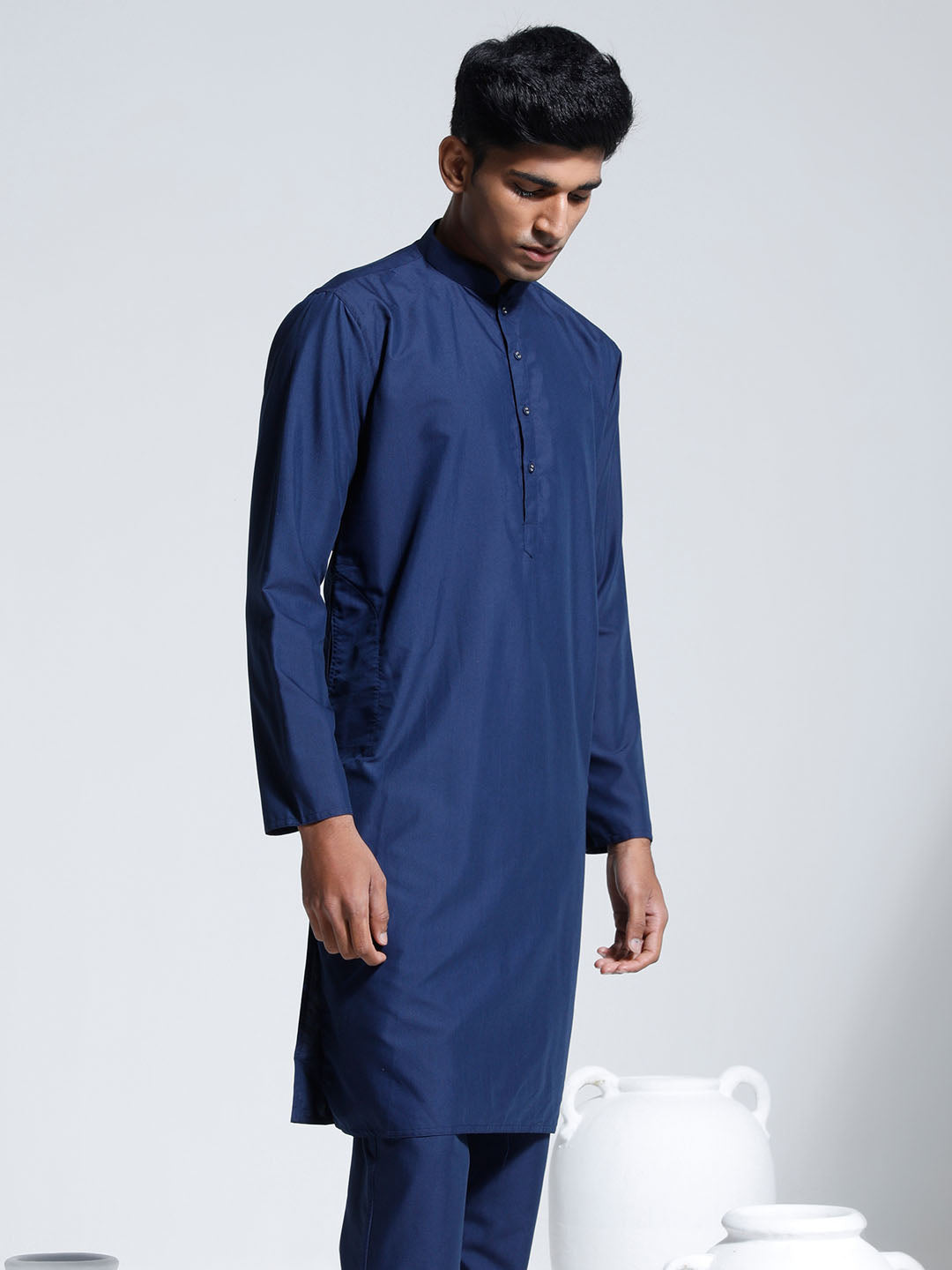 Men's Navy Blue Cotton Silk Kurta