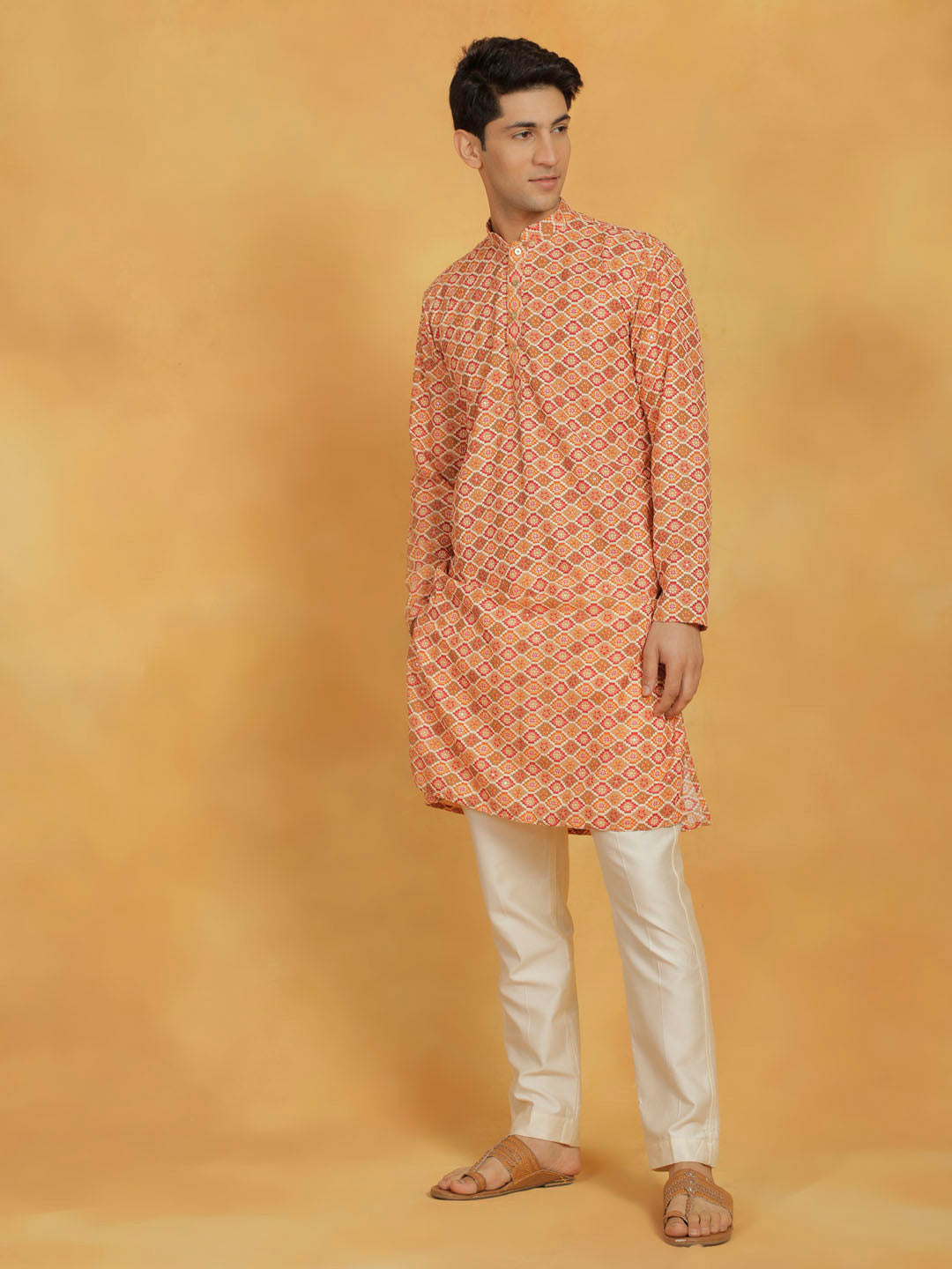 Men's Orannge And Cream Maslin Kurta And Pyjama Set