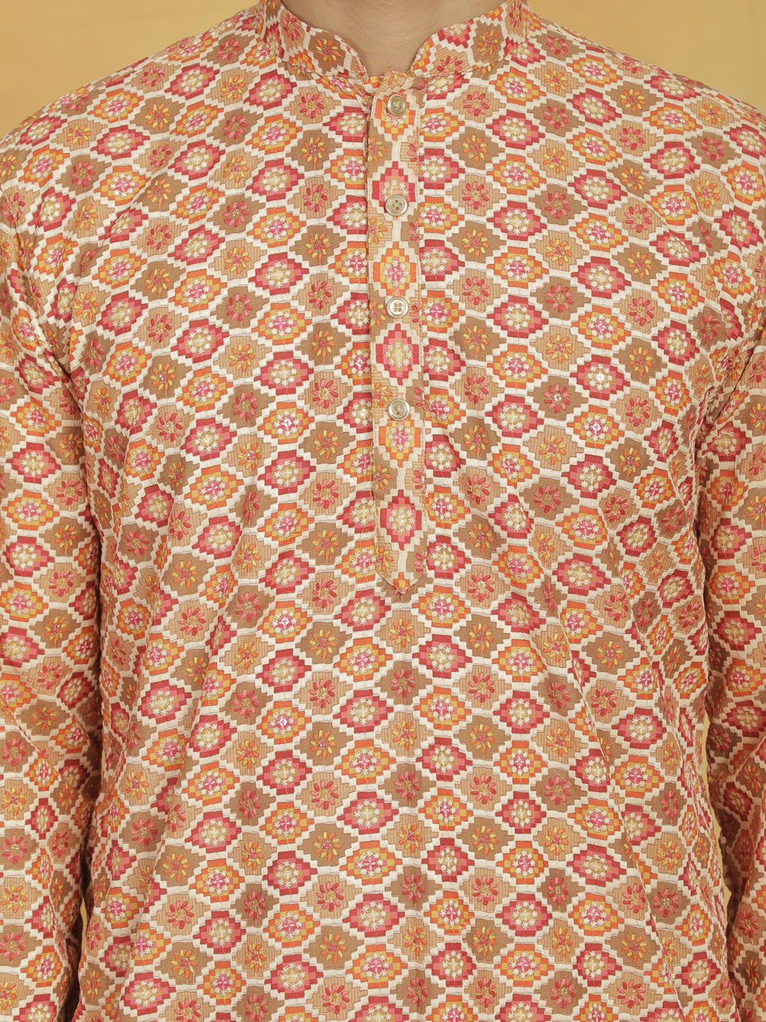 Men's Orannge And Cream Maslin Kurta And Pyjama Set