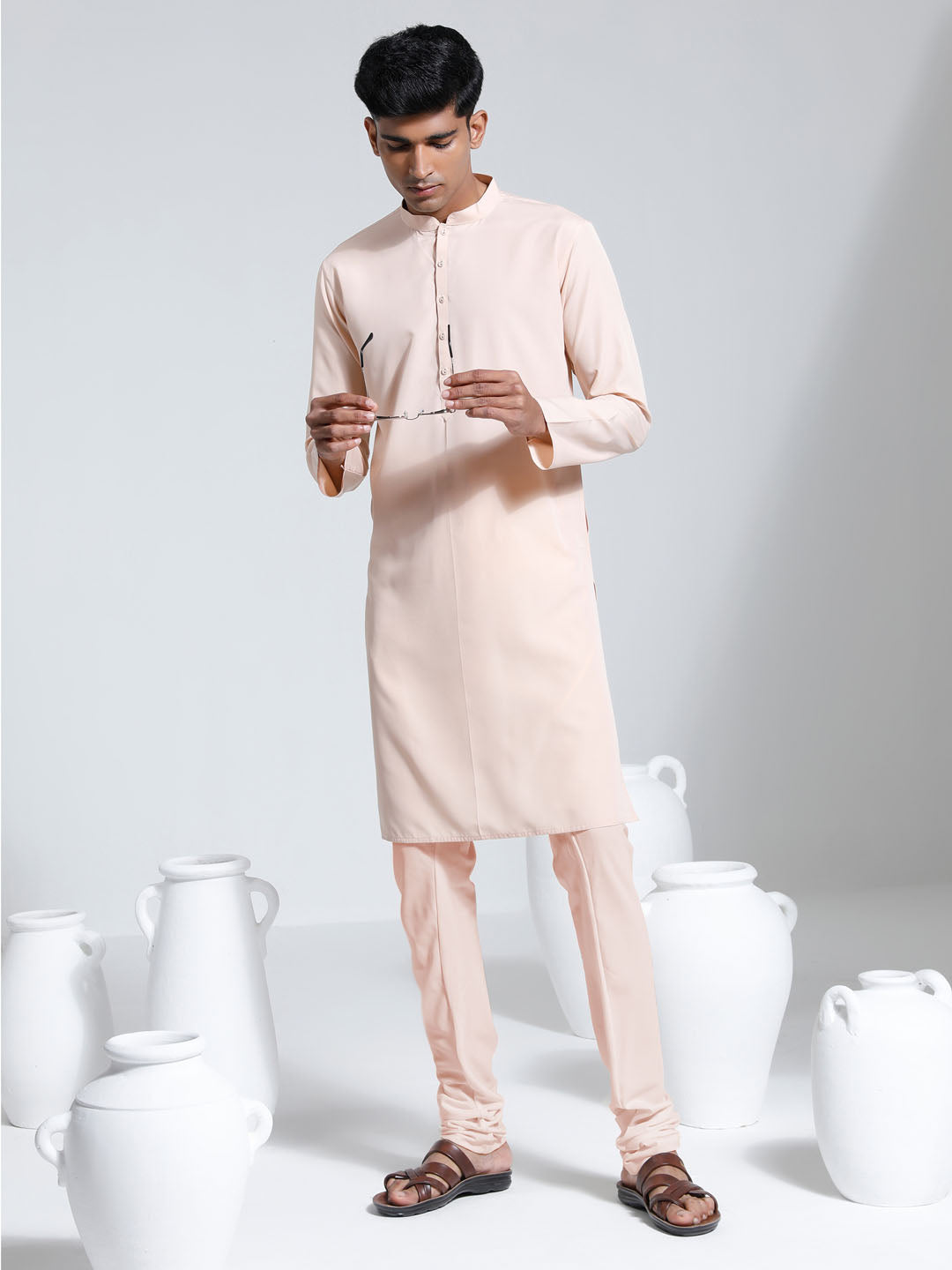 Men's Peach Crepe Kurta And Pyjama