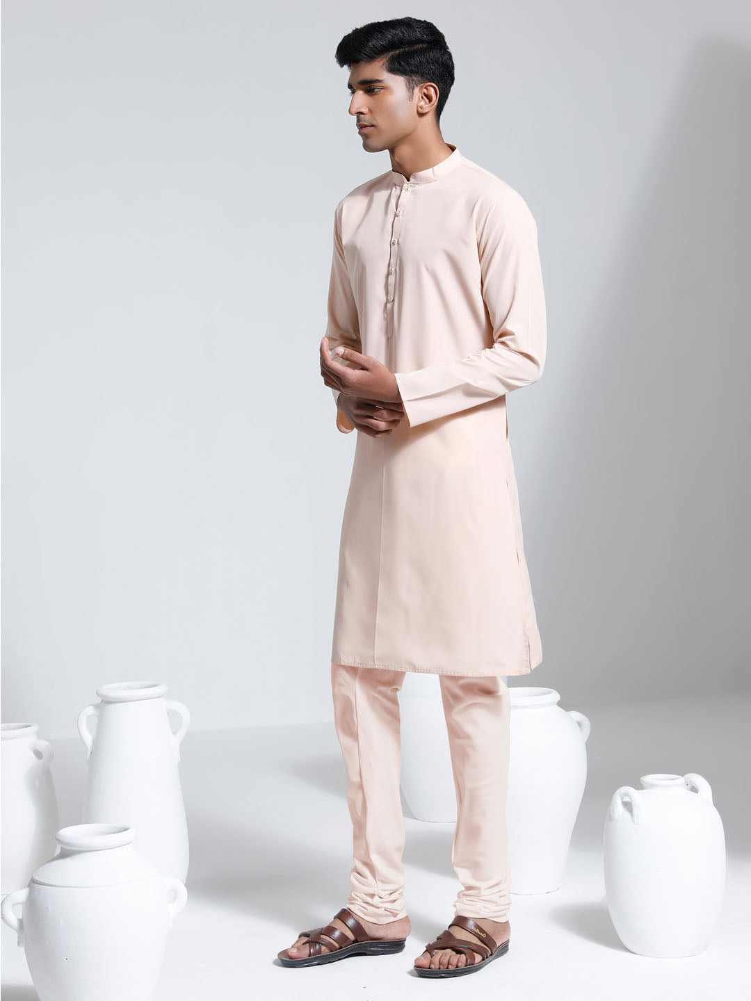 Men's Peach Crepe Kurta And Pyjama