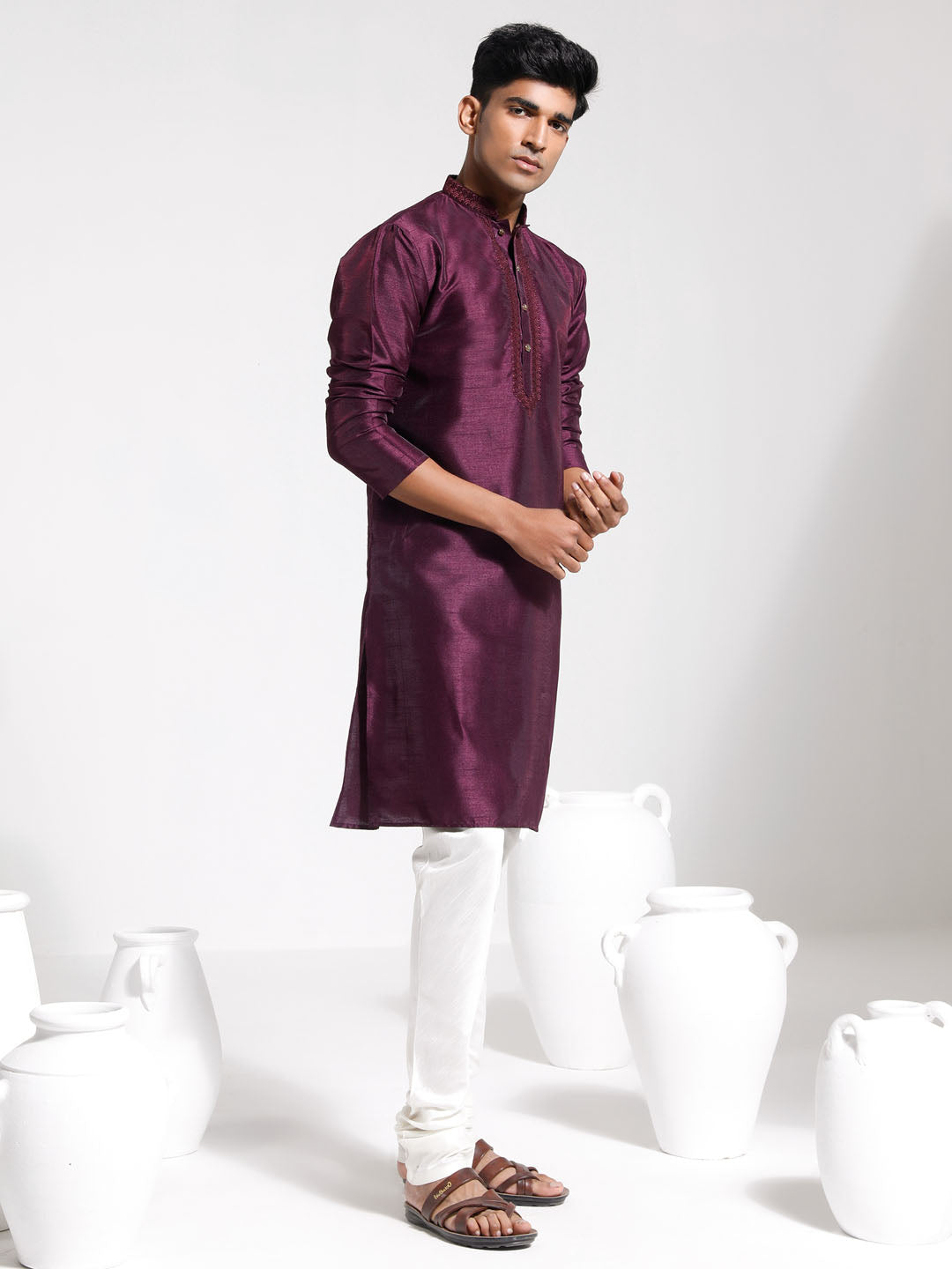 Men's Wine And Cream Dupion Silk Kurta Pyjama Set