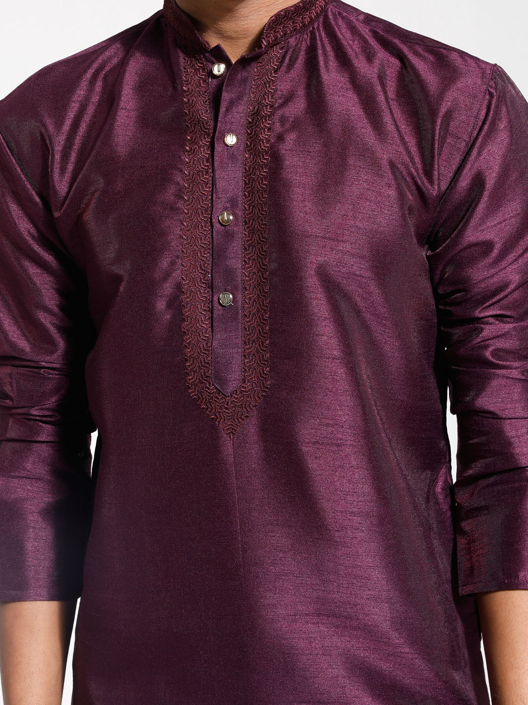 Men's Wine And Cream Dupion Silk Kurta Pyjama Set