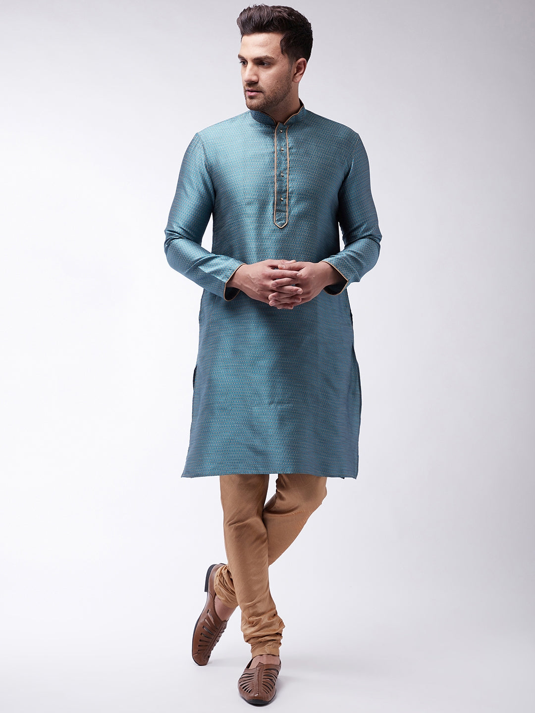 Men's Light Blue Silk Blend Kurta Pyjama Set