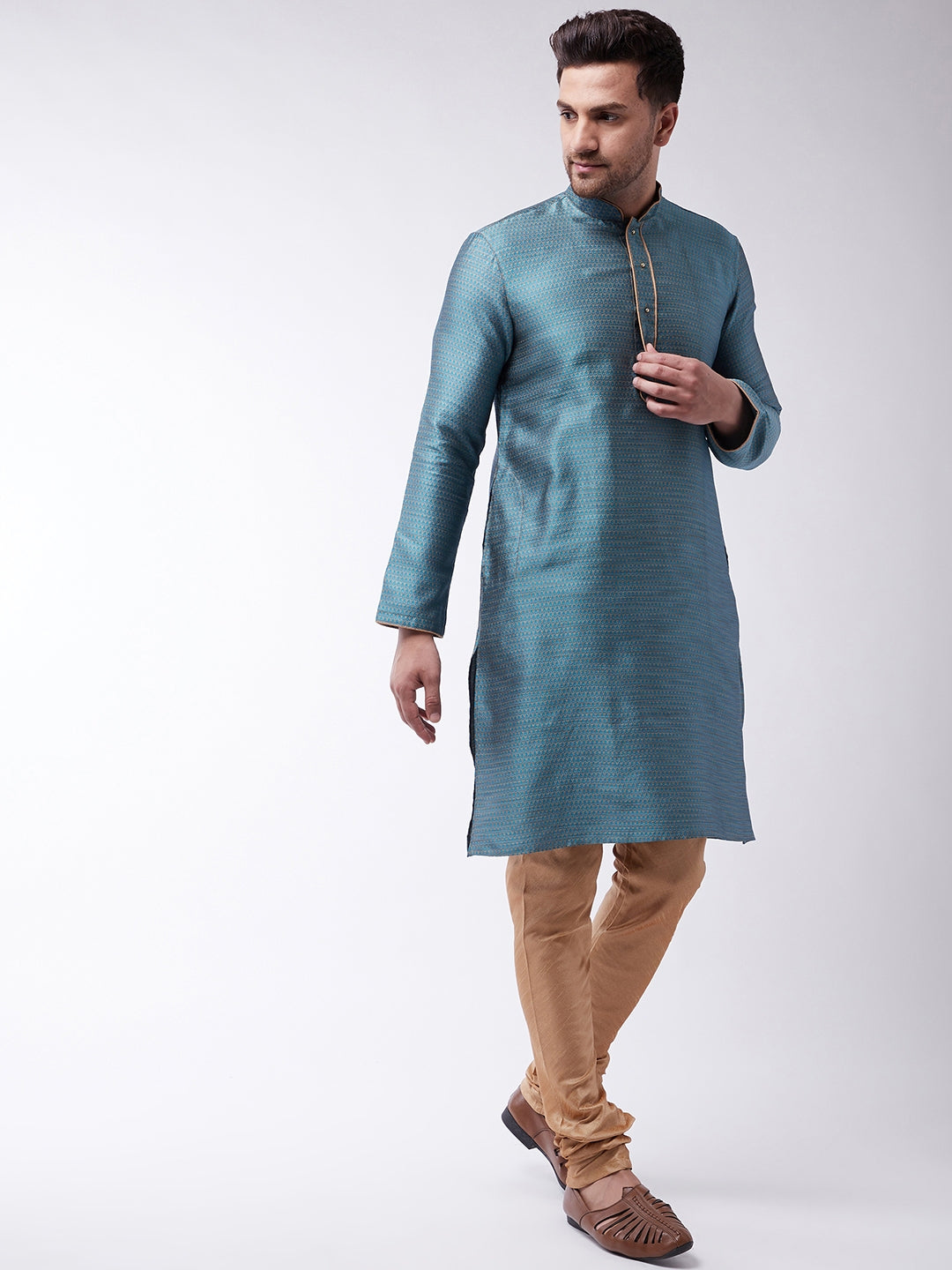 Men's Light Blue Silk Blend Kurta Pyjama Set