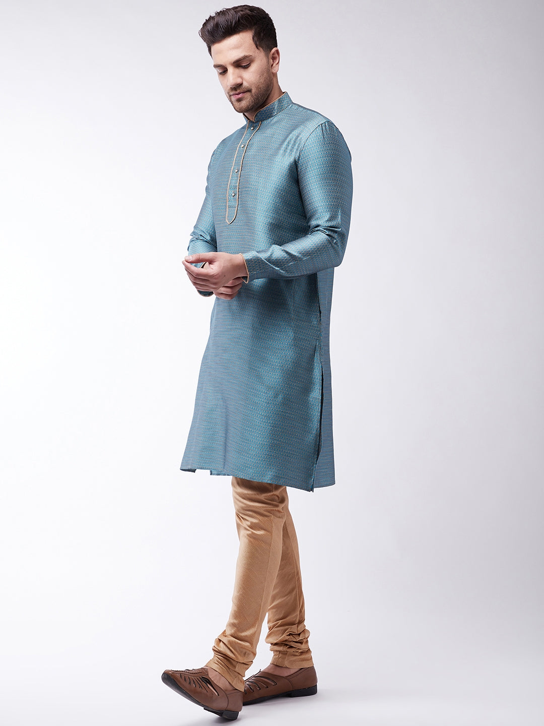 Men's Light Blue Silk Blend Kurta Pyjama Set