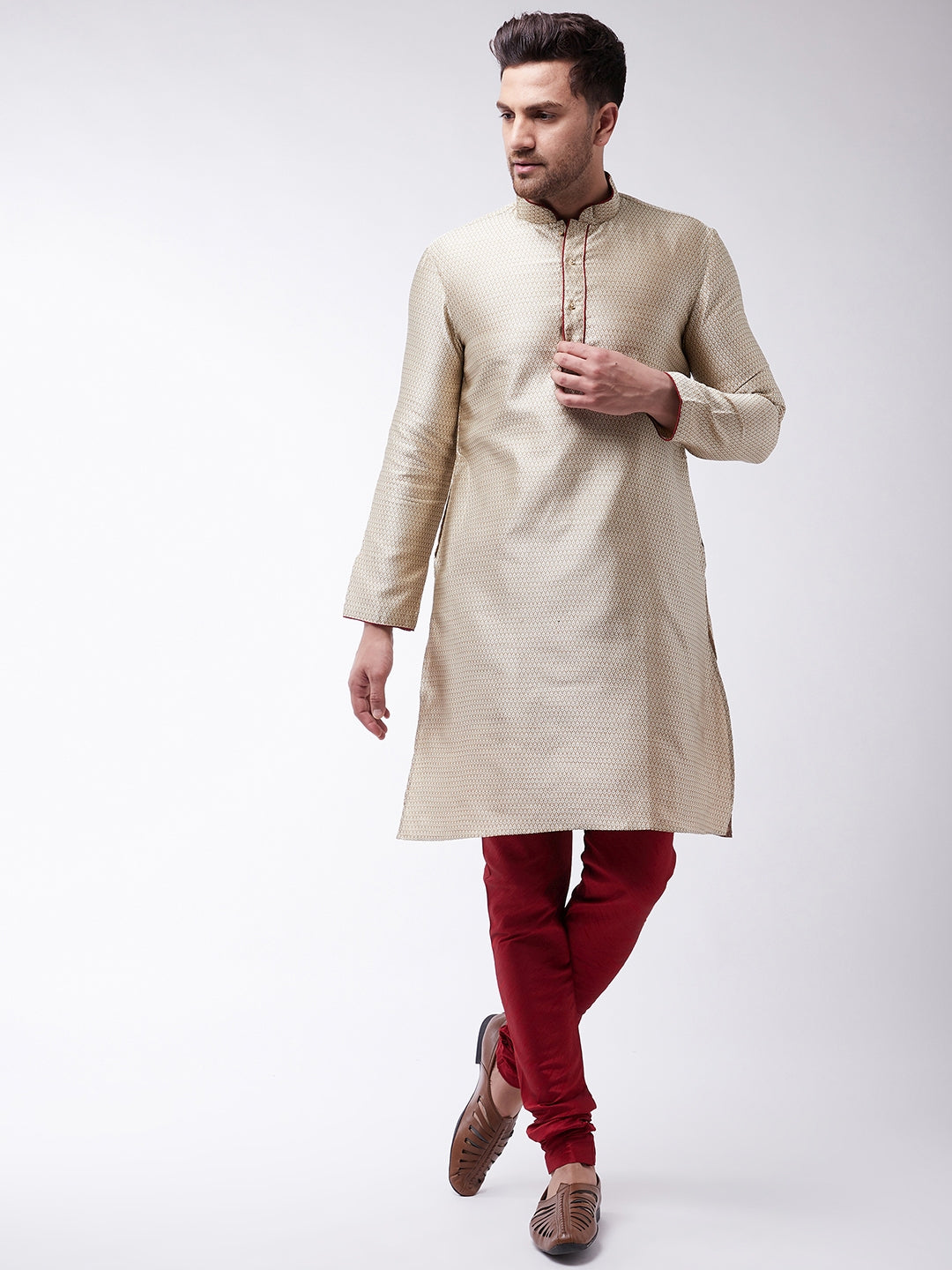 Men's Beige Silk Blend Kurta Pyjama Set