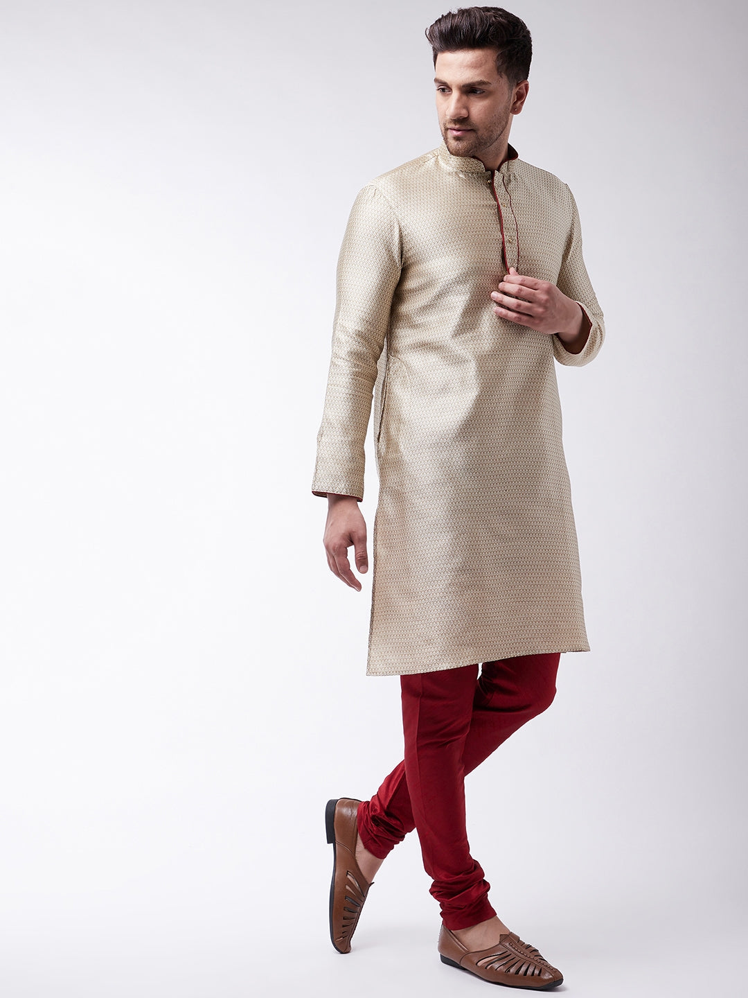 Men's Beige Silk Blend Kurta Pyjama Set