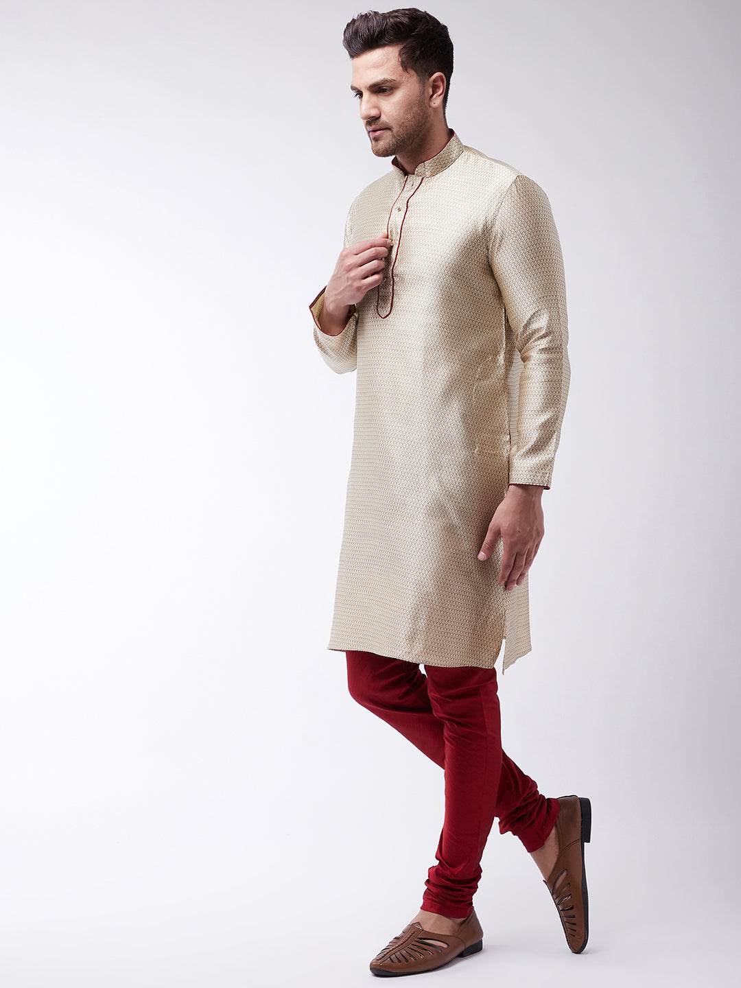 Men's Beige Silk Blend Kurta Pyjama Set