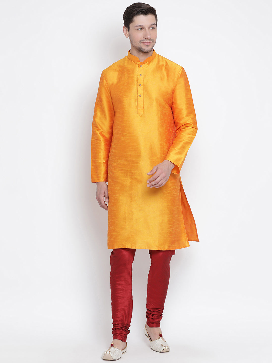 Men's Orange Silk Blend Kurta Pyjama Set