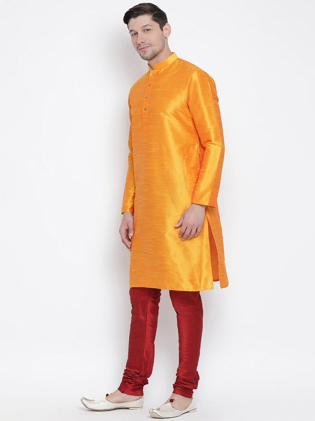 Men's Orange Silk Blend Kurta Pyjama Set