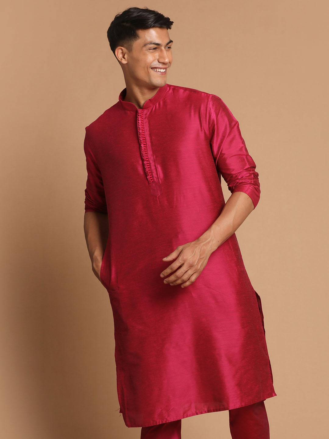 Men's Magenta Cotton Blend Kurta Pyjama Set