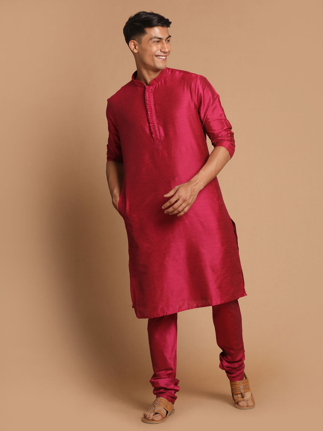 Men's Magenta Cotton Blend Kurta Pyjama Set