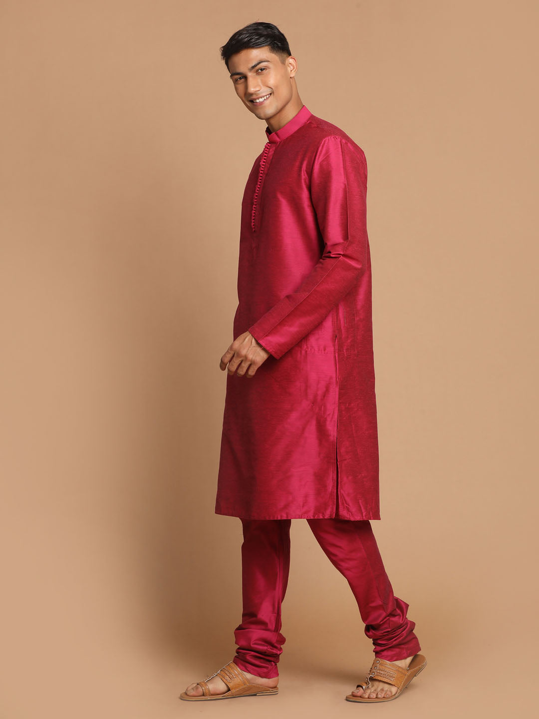 Men's Magenta Cotton Blend Kurta Pyjama Set