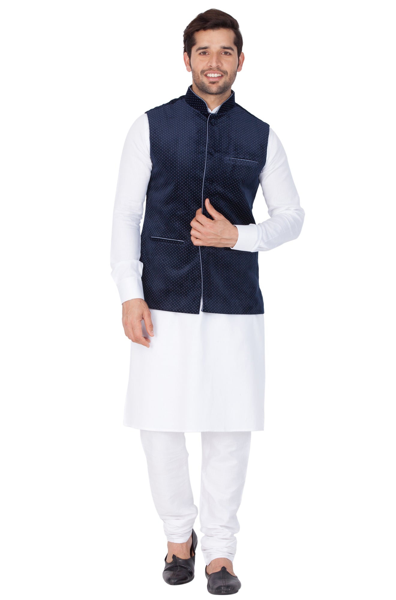 Men's White Cotton Blend Jacket, Kurta and Pyjama Set