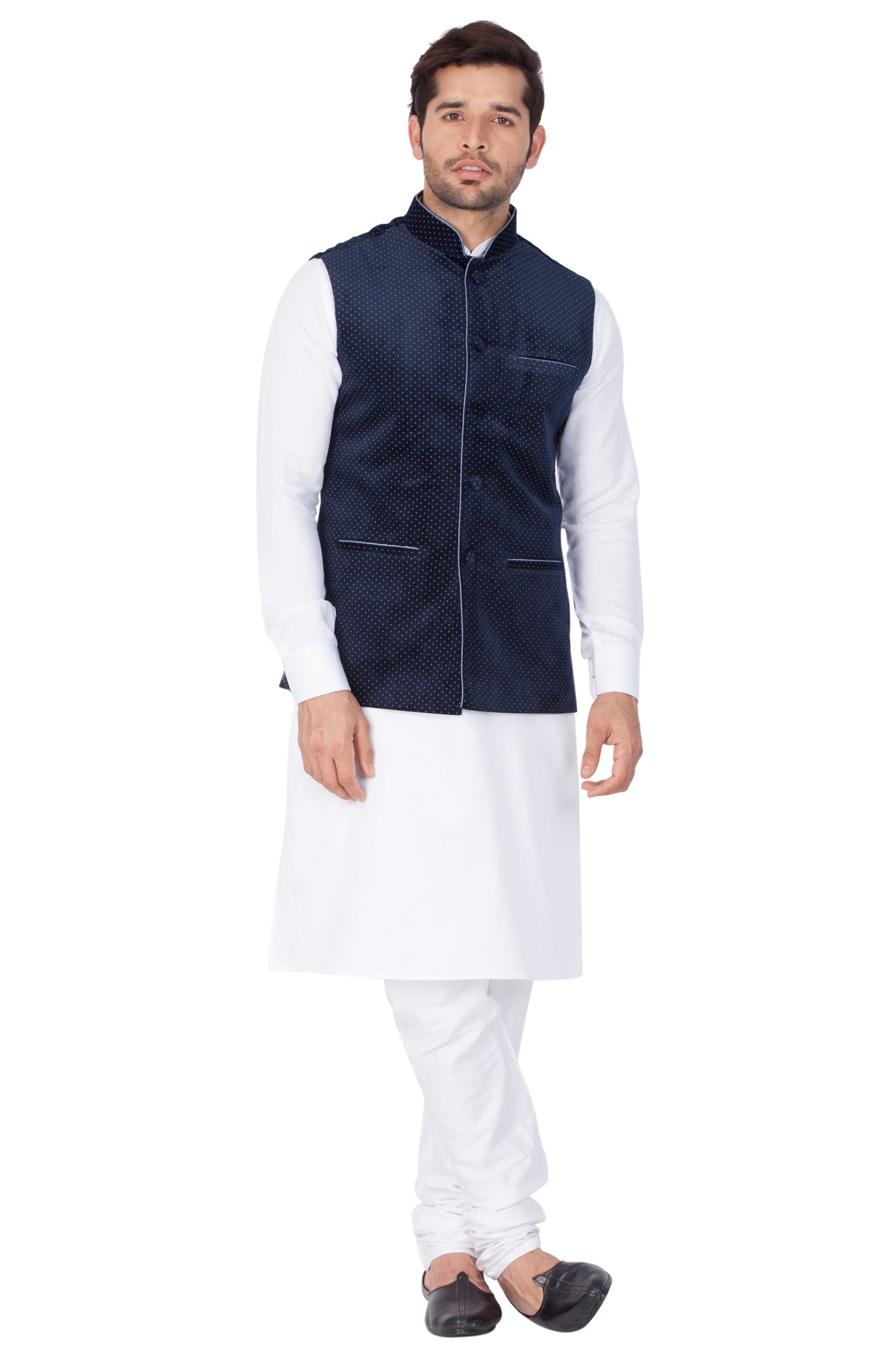 Men's White Cotton Blend Jacket, Kurta and Pyjama Set