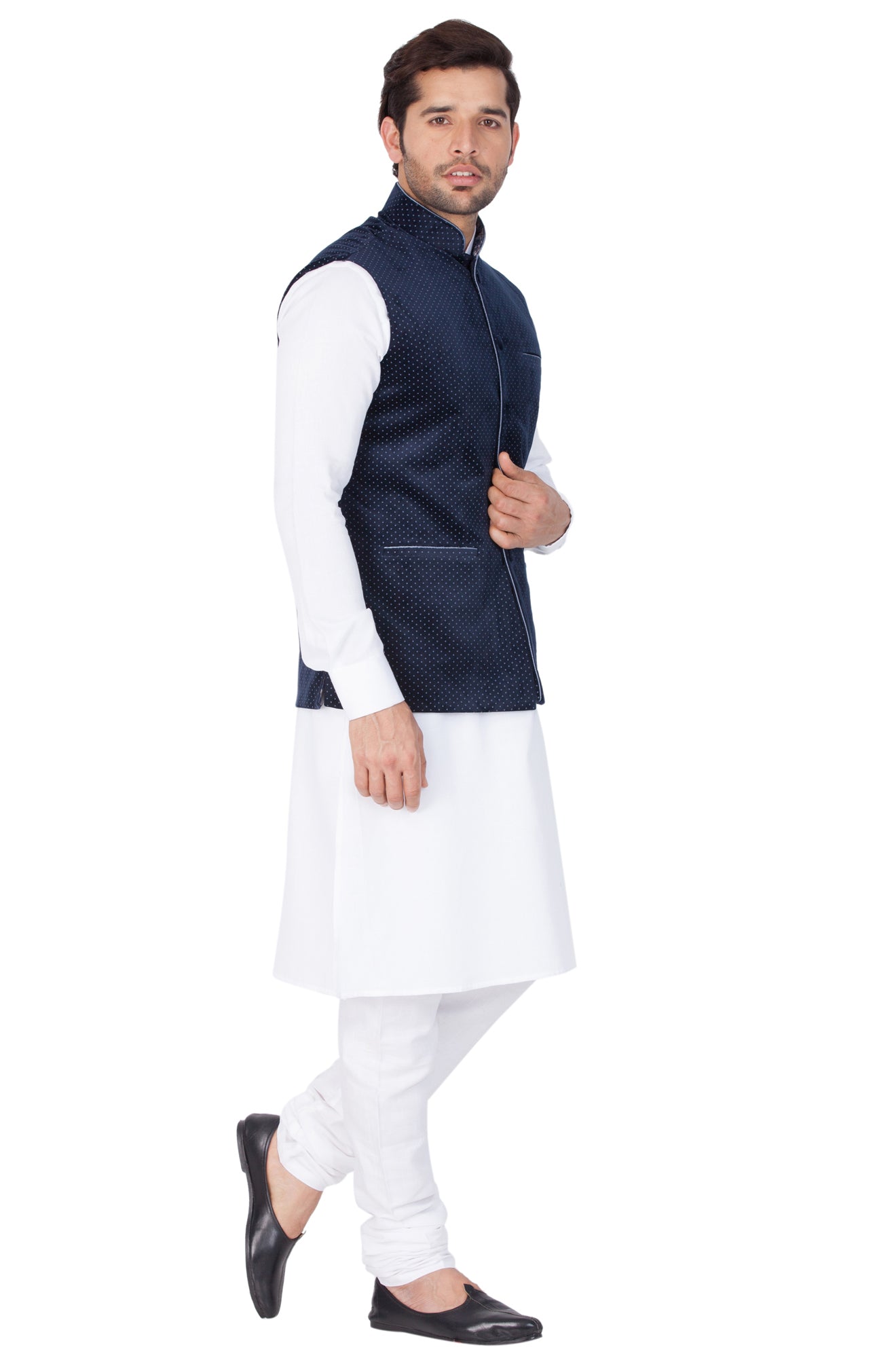 Men's White Cotton Blend Jacket, Kurta and Pyjama Set