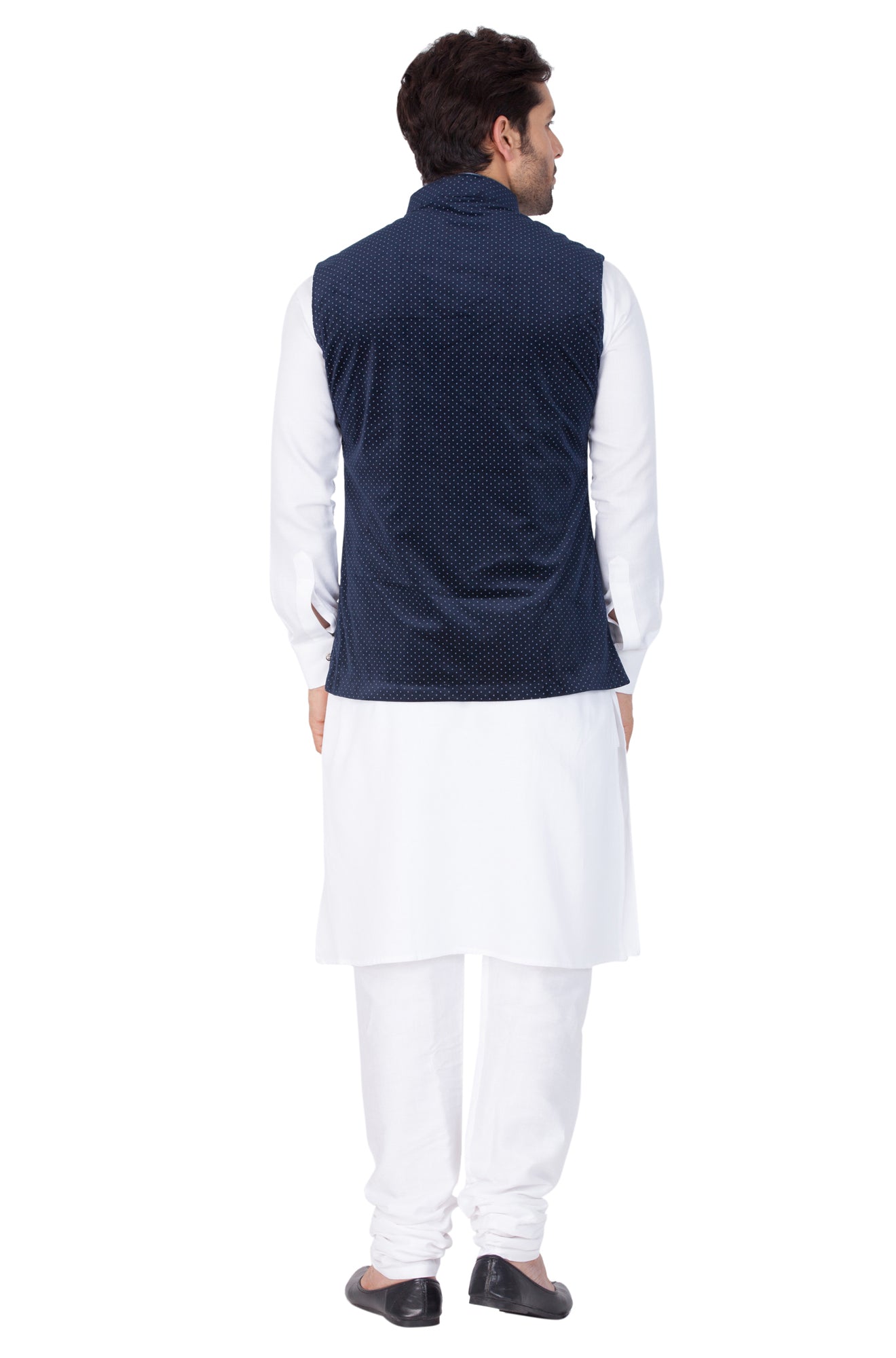 Men's White Cotton Blend Jacket, Kurta and Pyjama Set